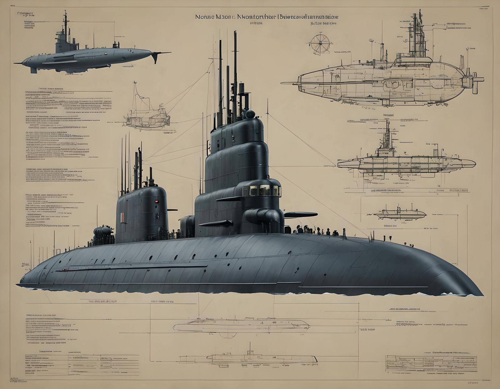 Russian nuclear submarine, specification notes, blueprints