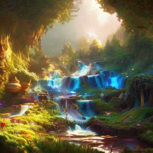 Whimsical fairy land with rainbow waterfalls, epic, brilliant colors ...