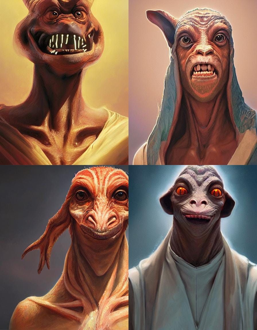 Jar Jar Binks, Happy, smiling,  head and shoulders portrait, 8k resolution concept art portrait by Greg Rutkowski, Artge...