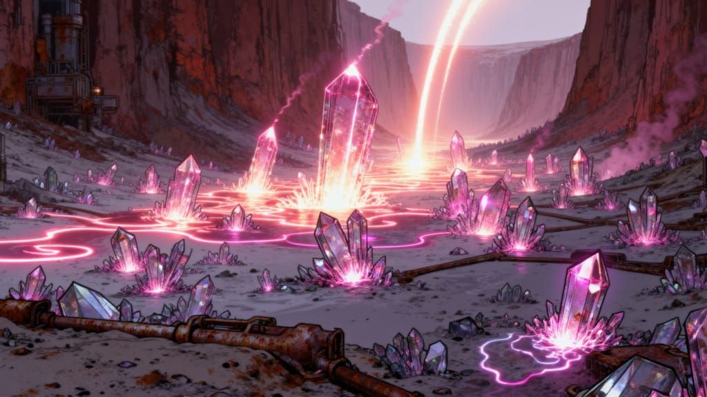 <lora:Crystal Rust V2:1.0> Portrait. a Crystalrust expanse filled with glowing crystals