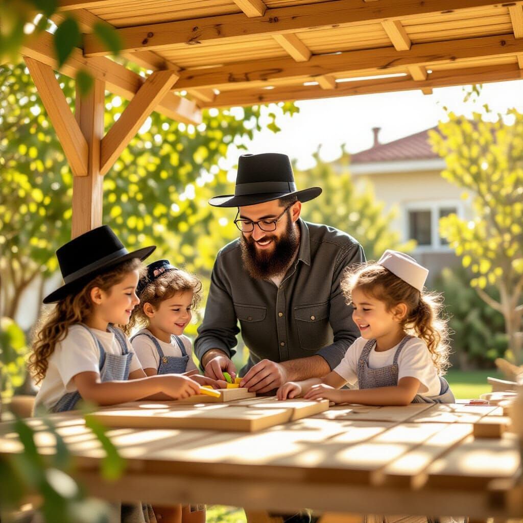 Father and Sons Build Sukkah Together in Sunny Backyard