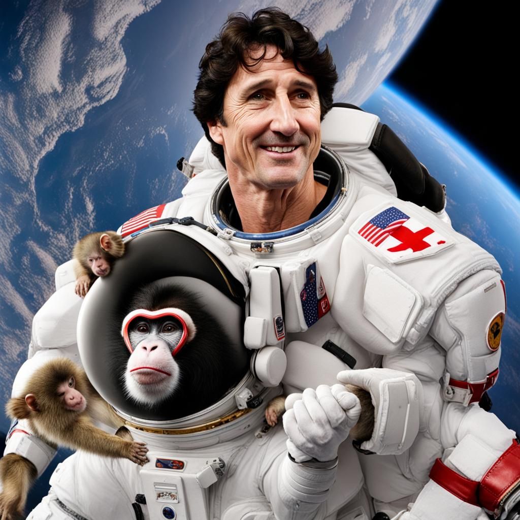 Justin Trudeau in space with monkeys wrestling Sylvester Sta...