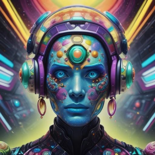 <lora:Bonbon Panic:1.0>
Hyperrealistic portrait of a beautiful woman wearing intricately detailed colorful clothing and futuristic jewellery...