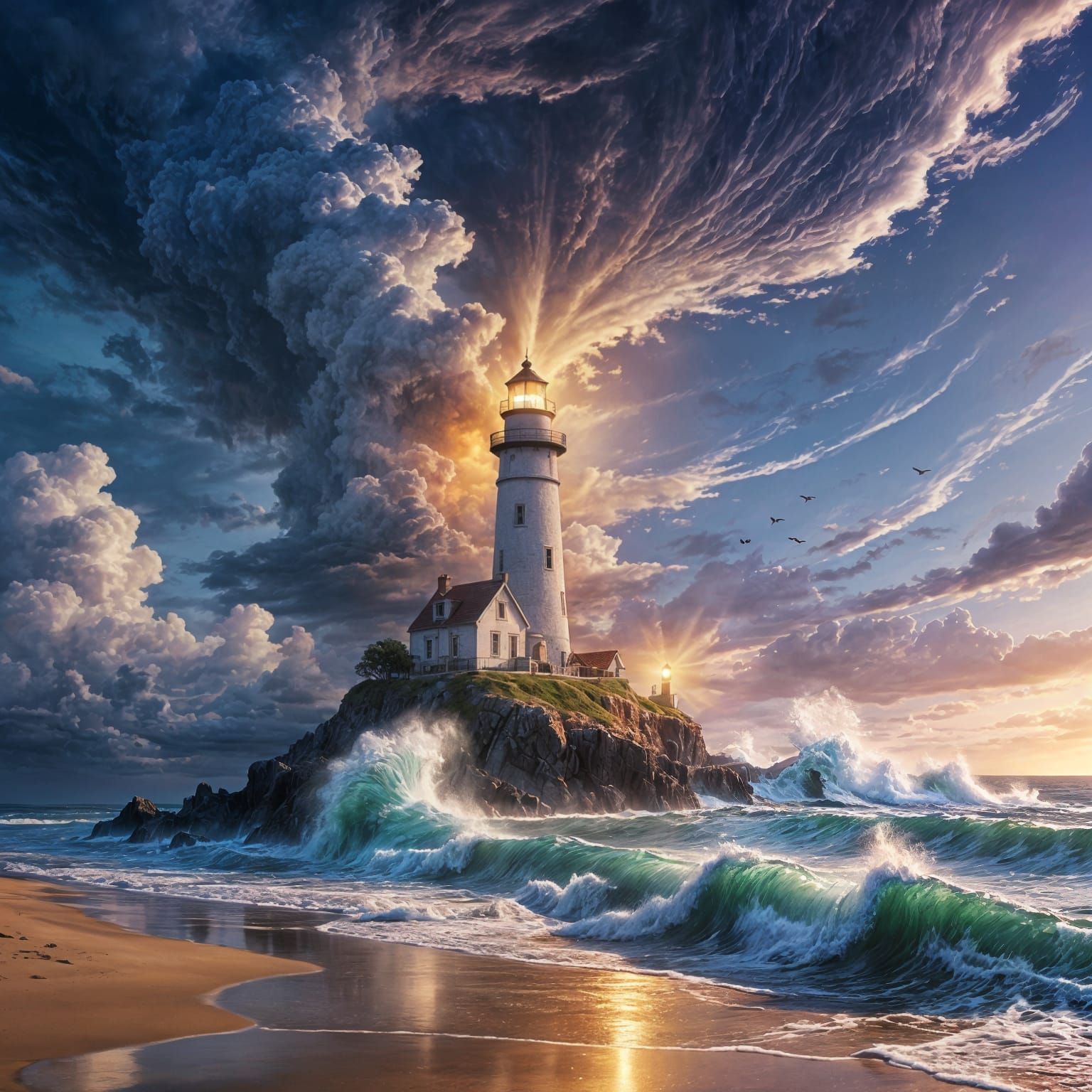 A lighthouse, The sky swirls with vivid colors. Soft lighting enhances ...  by @Tilted25