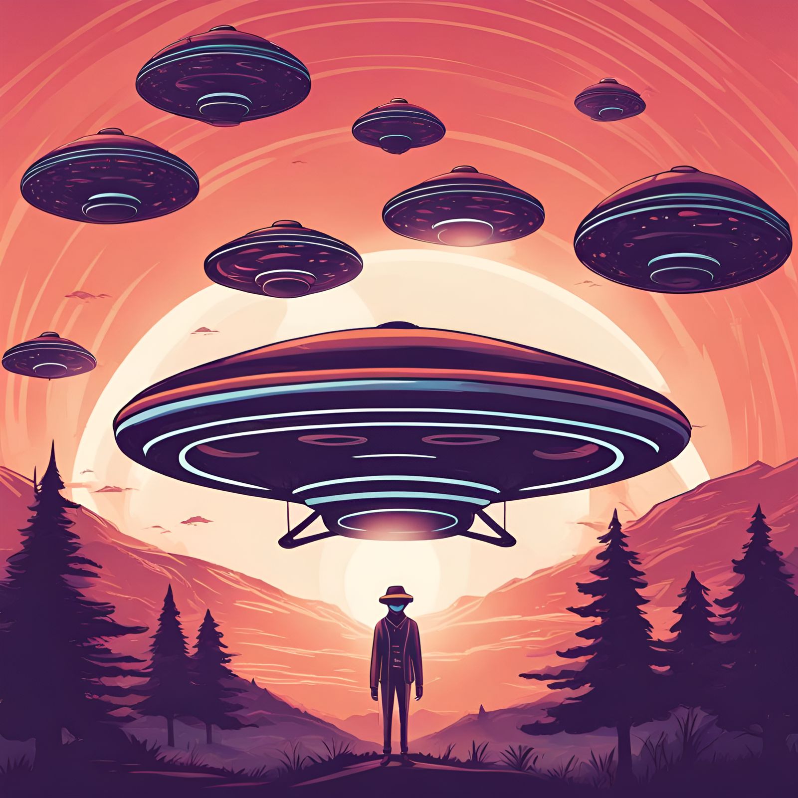 Cool sunset ufo ,aliens,wearing , illustration, 16k, graphic, modern ...