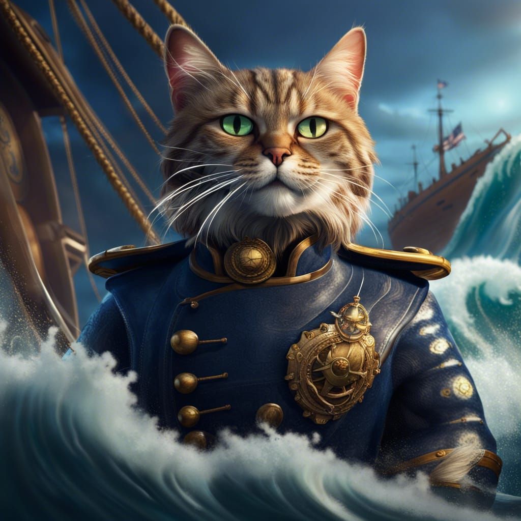 cat captain of a ship in a great wave - AI Generated Artwork ...