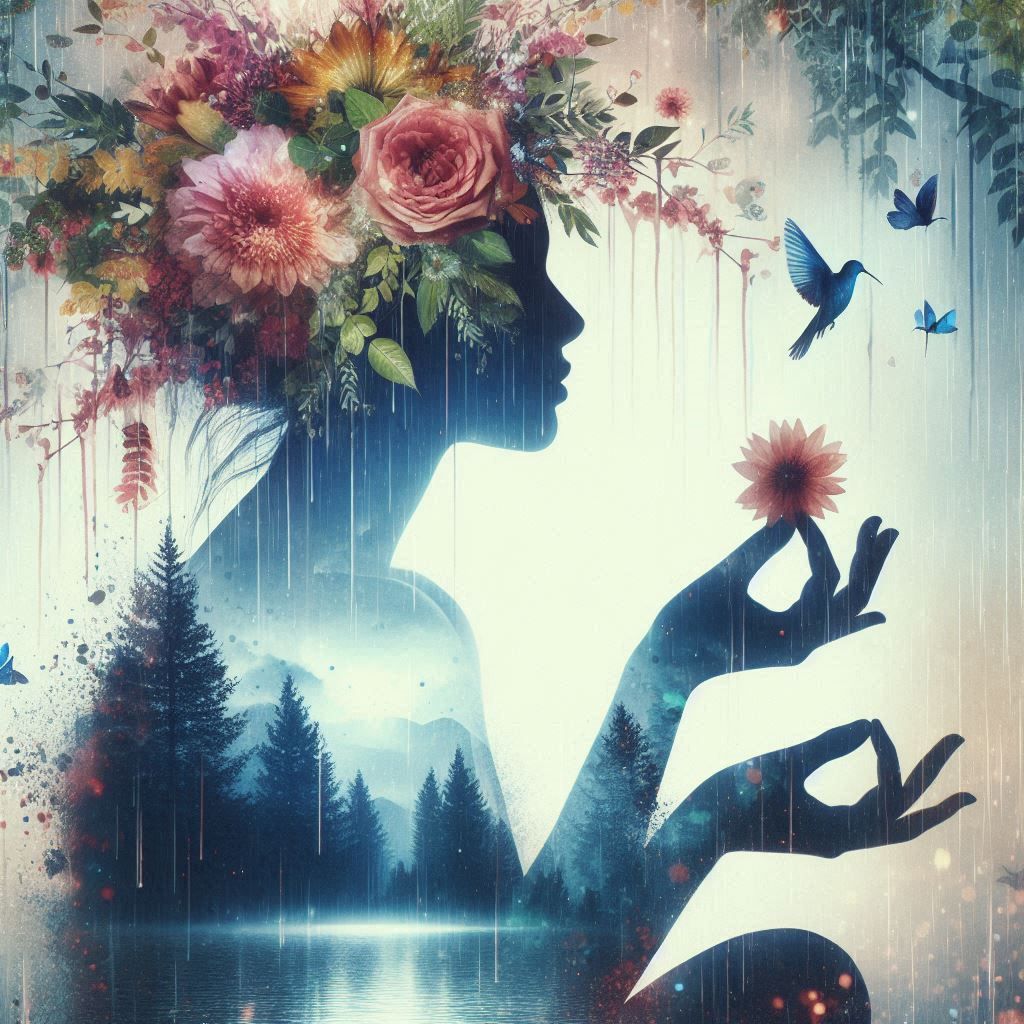 double exposure beautiful fantasy DALL-E 3 portrait landscape..
