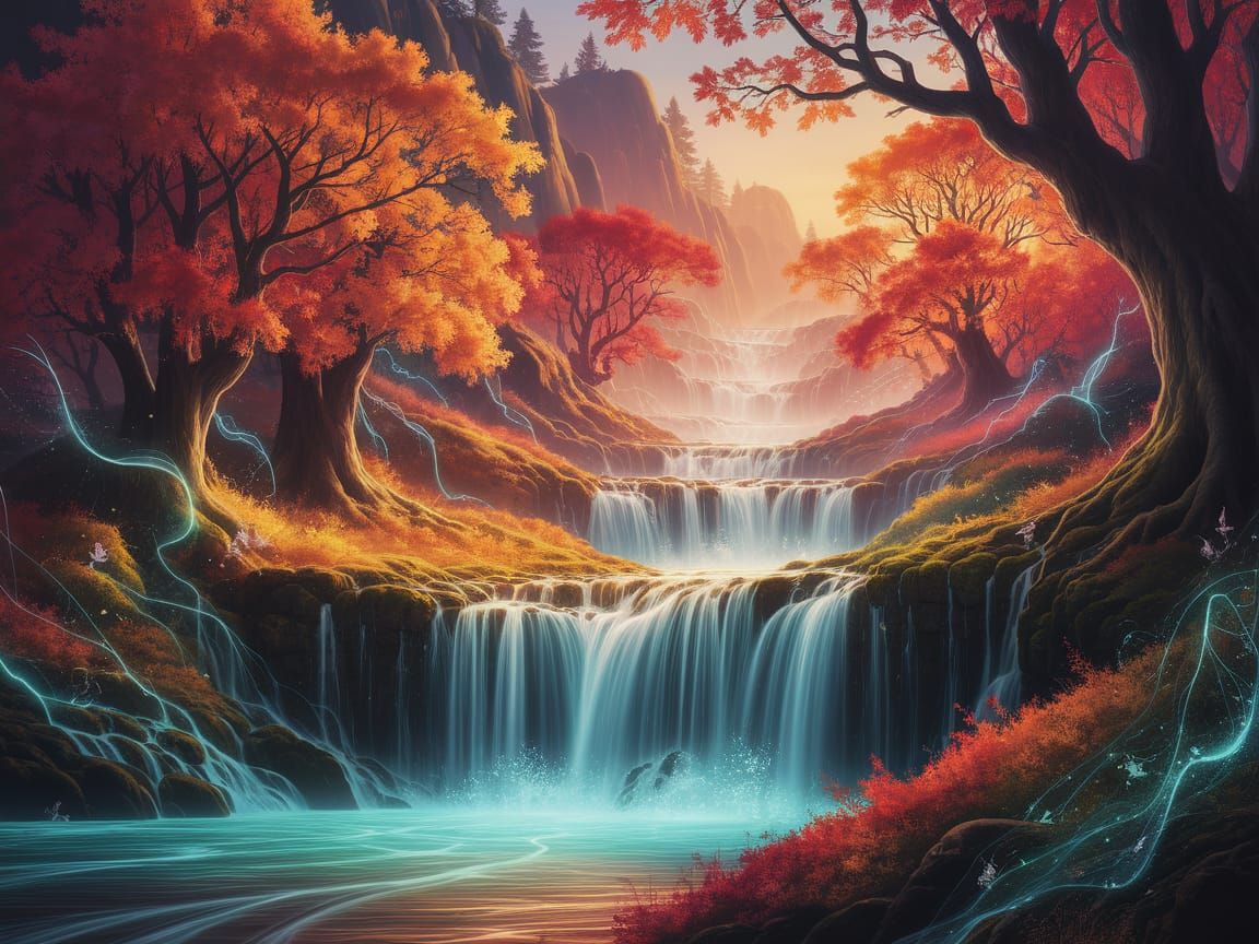 An ethereal, bioluminescent waterfall cascades through an ancient, enchanted forest in autumn. The luminous ...  by @very old cat