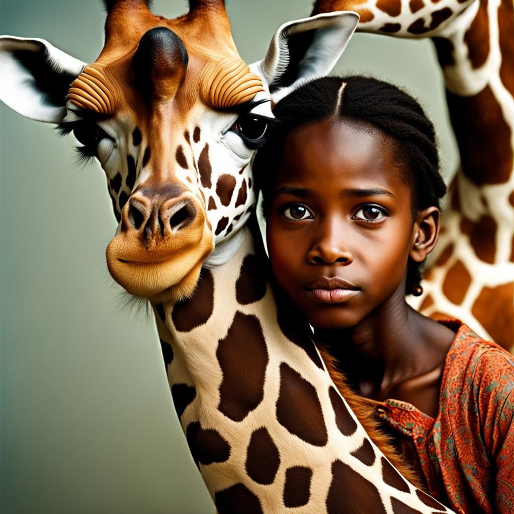 Beautiful African girl hugging  a giraffe