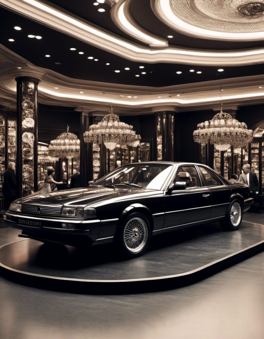<lora:Charcoal art:1.0> <lora:V-ray:1.0> A fancy luxury car on a display show case. In a casino.