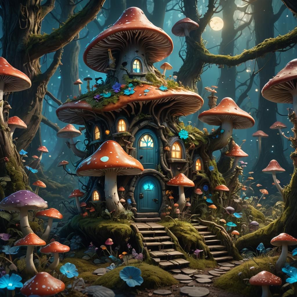 A fairy mushroom house in an enchanted bioluminescent forest...