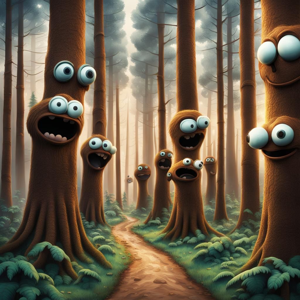 A forest of goofy trees with silly, giant googly eyes and funny faces ...