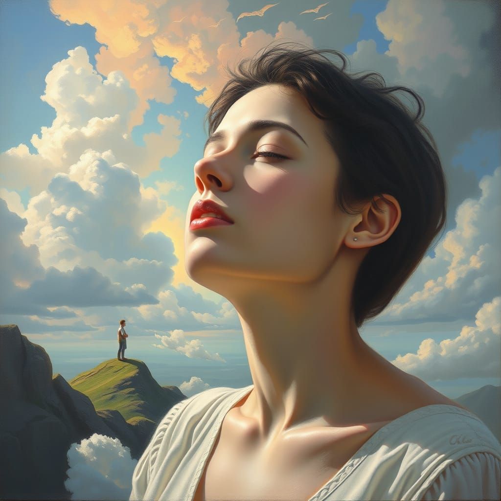 a surrealist dreamscape painting of a person finding inner peace