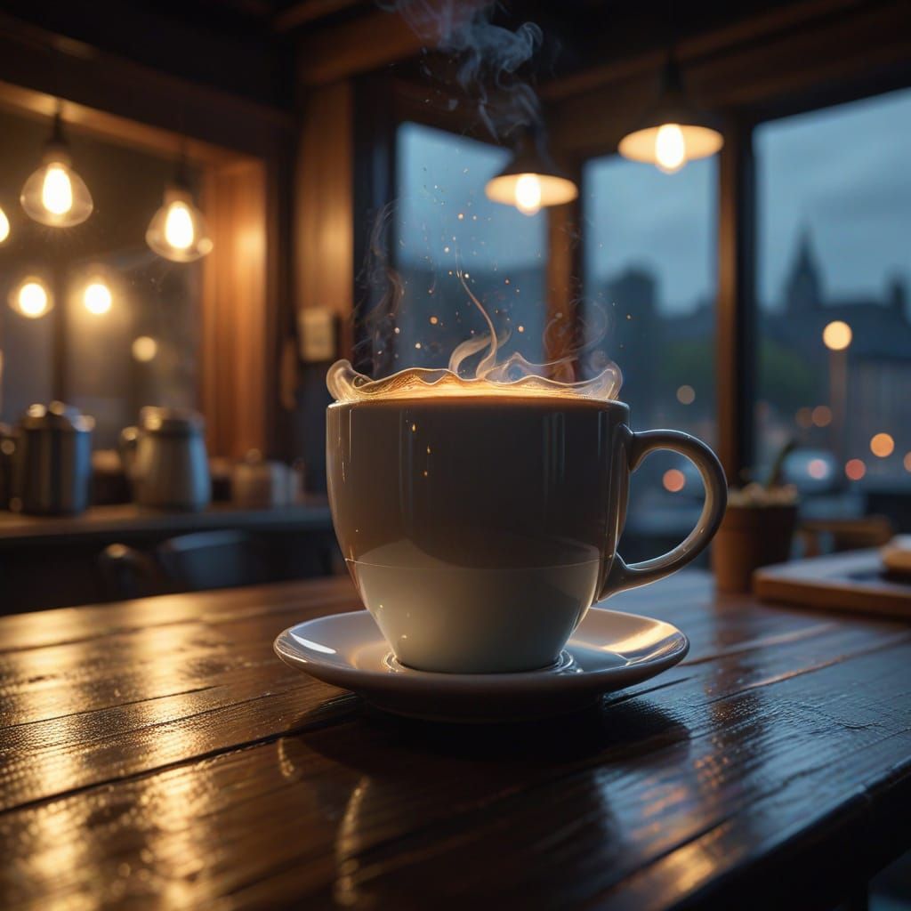 Miniature World Inside Coffee Cup at Night