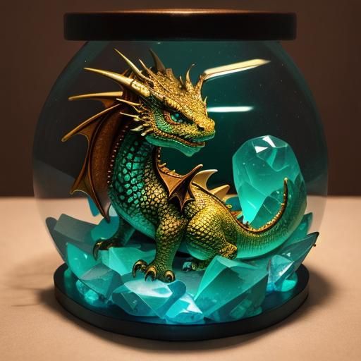 A cute miniature baby dragon sitting in a glass jewelry box ...