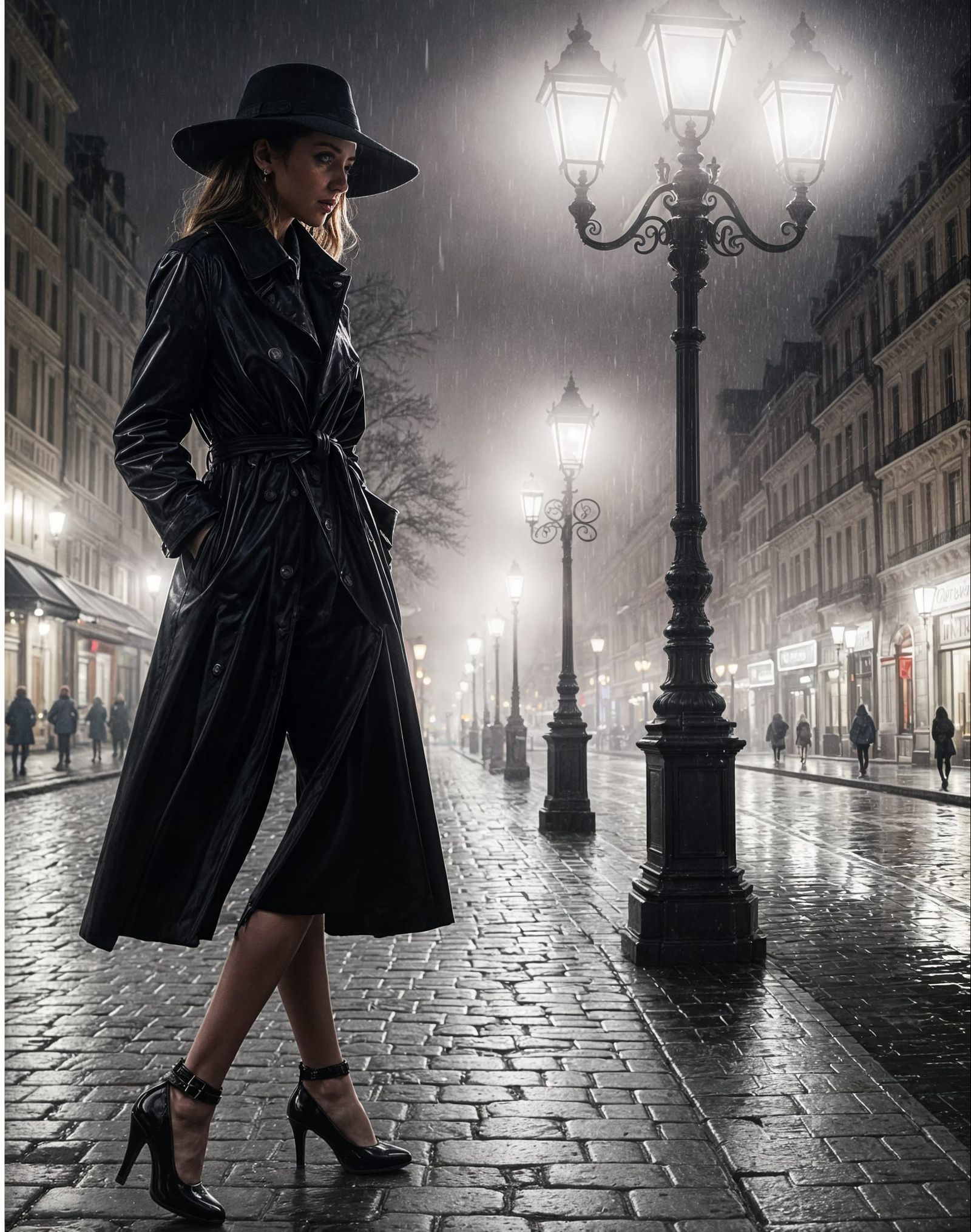 Woman walking on wet cobblestone at night, street lights are...