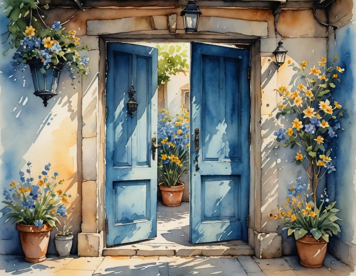 "rustic blue (open) door flowers adorn the entrance, light o...