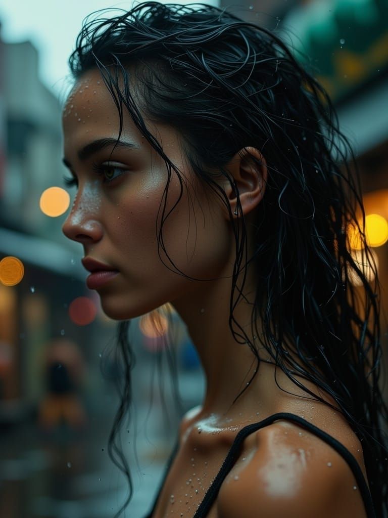 <lora:Double Photoreal v2:1.0> close-up lateral profile photo of a beautiful woman with wet hair, under the rain. She has her eyes closed, t...