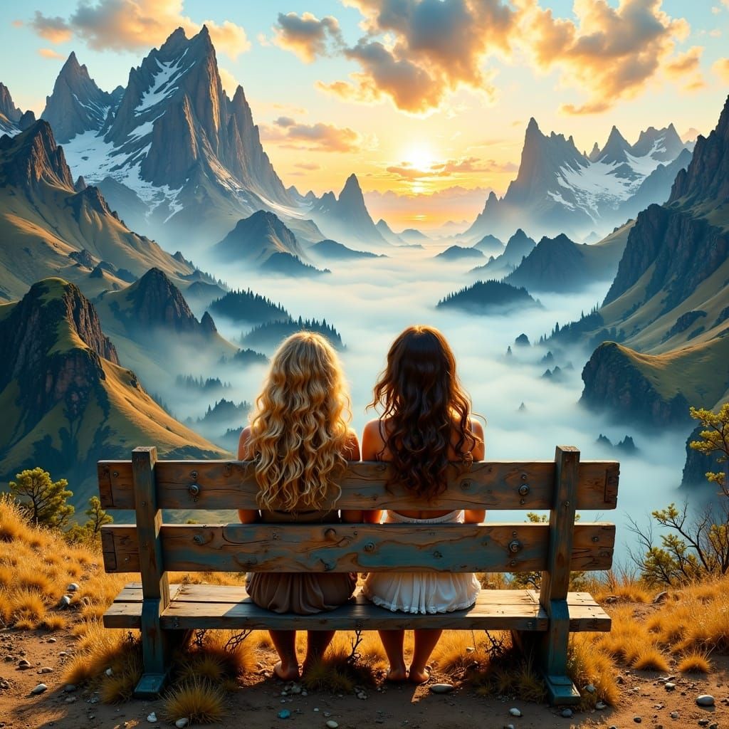two girls, one blonde curly and one brunette, sitting on a bench in the mountain, oil paint by Carne Griffiths, Geoffroy Thoorens, James Chr...
