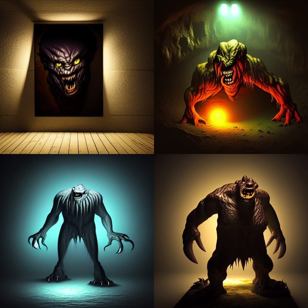 the monster of the cavern, realistic, dark, back light