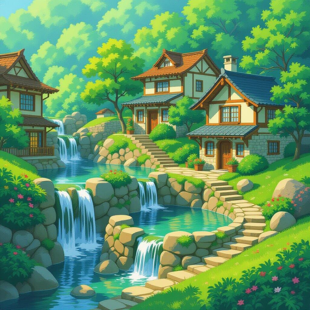 Magical Stone Waterfalls Between Homes on Green Slope