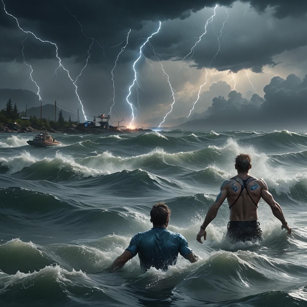 Half-Fish Man in Stormy Waters