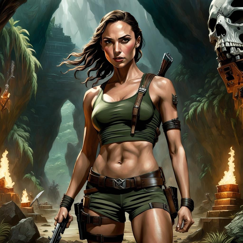 gal gadot))), lara croft tomb raider, long braided hair, army green mini  crop top, underboob, tiny brown shorts, gun holsters on each hip... - AI  Generated Artwork - NightCafe Creator