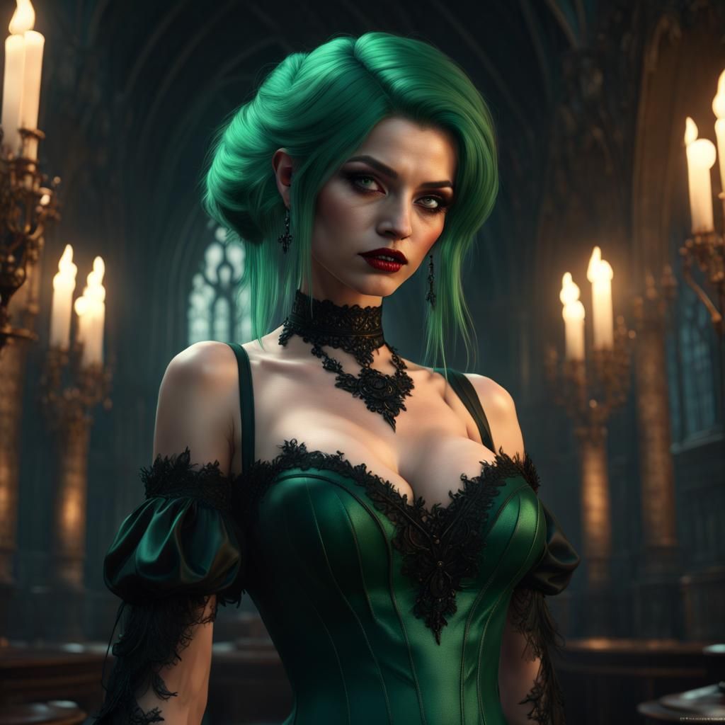 A green haired vampire girl in a low cut bottle green gothic...