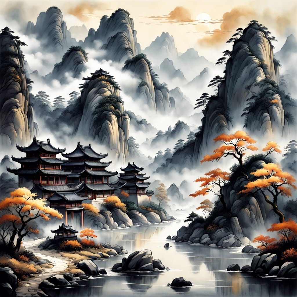 Serene Mountain Landscape in Traditional Chinese Style