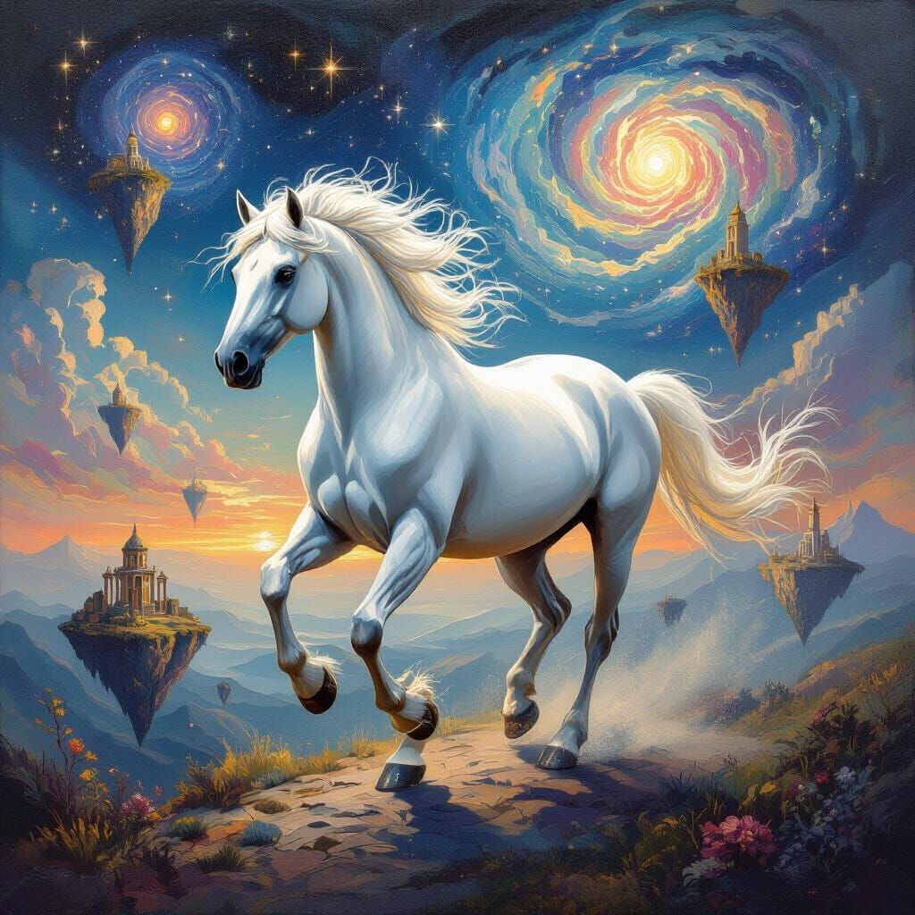 Majestic White Horses in a Celestial World 