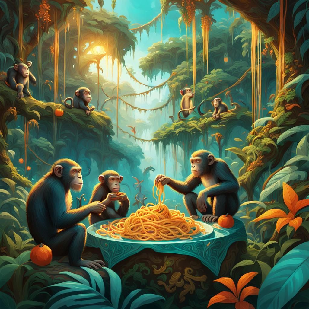 Monkeys and Children Enjoying Pasta in Jungle Concept Art