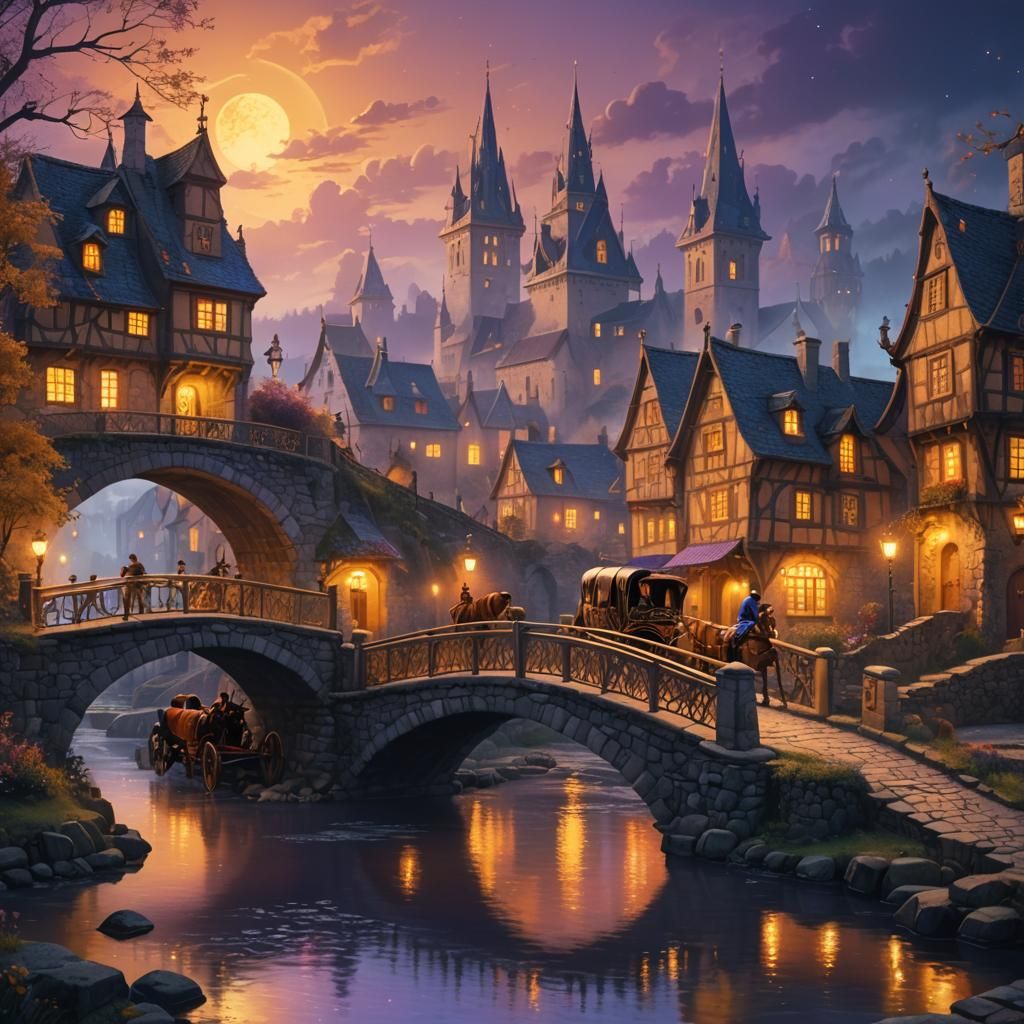 Whimsical Village at Midnight in Fantasy Concept Art