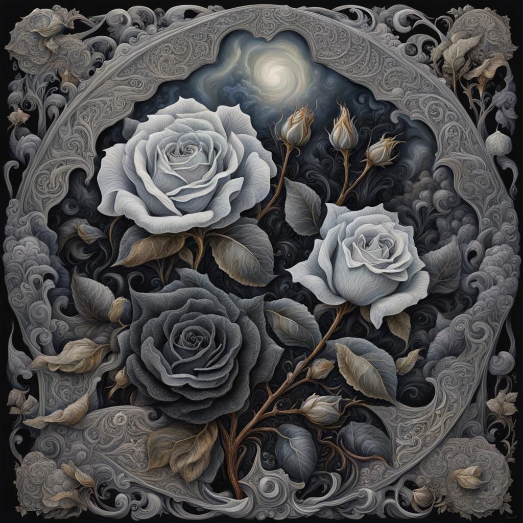 black roses, with  hues of gray, and white. Leaves, vines an...