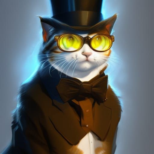 A cat with thin glasses and a top hat