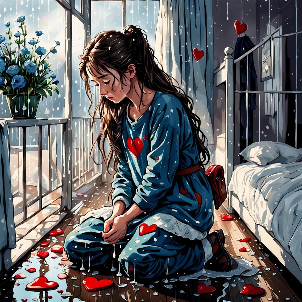 "Her tears form a puddle in her bed as she is kneeling in her bed she picks up pieces of her heart"  by @Miss Tara Firman-Dahmer