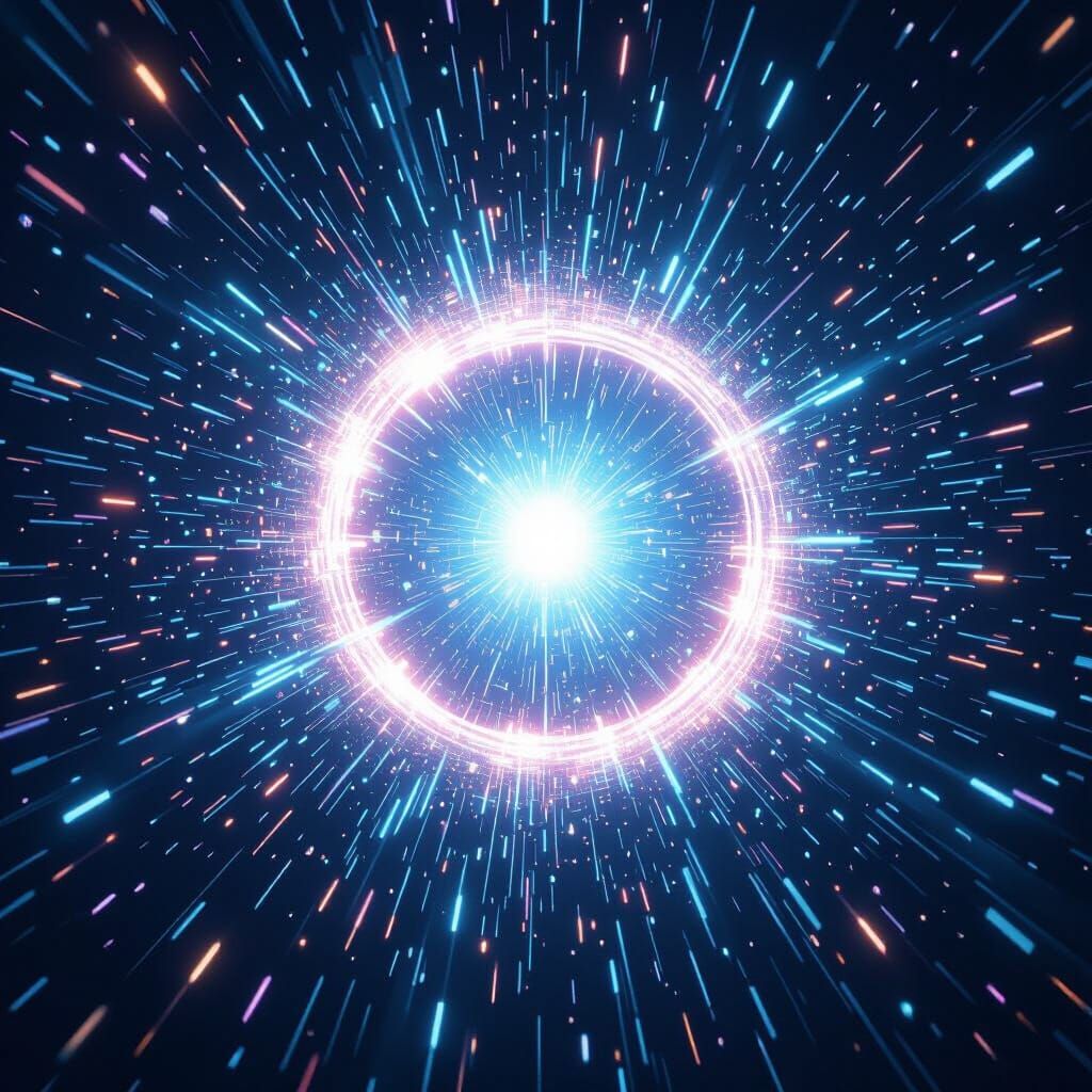 Particles of light coming out from the center of a circle on a white background becoming more dispersed as it gets to the edge