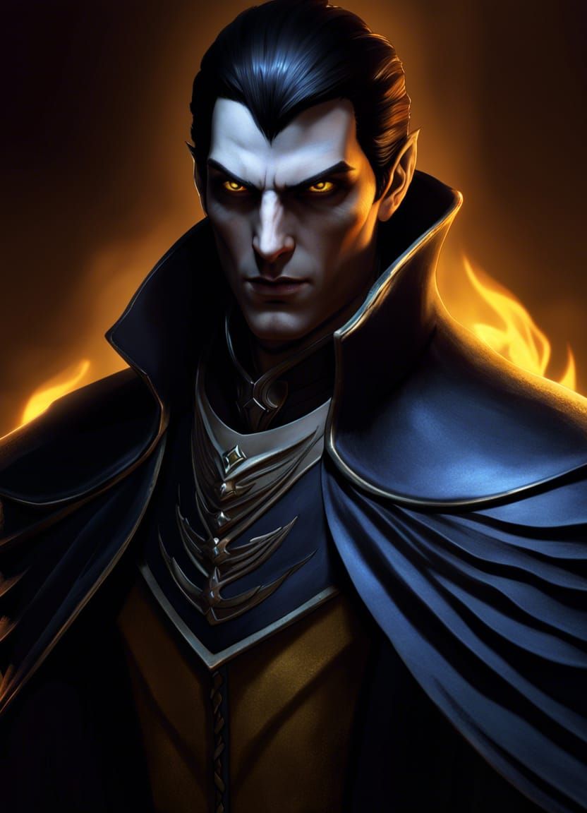 a male vampire, yellow eyes, pale veiny skin, wearing a shoulder cape ...