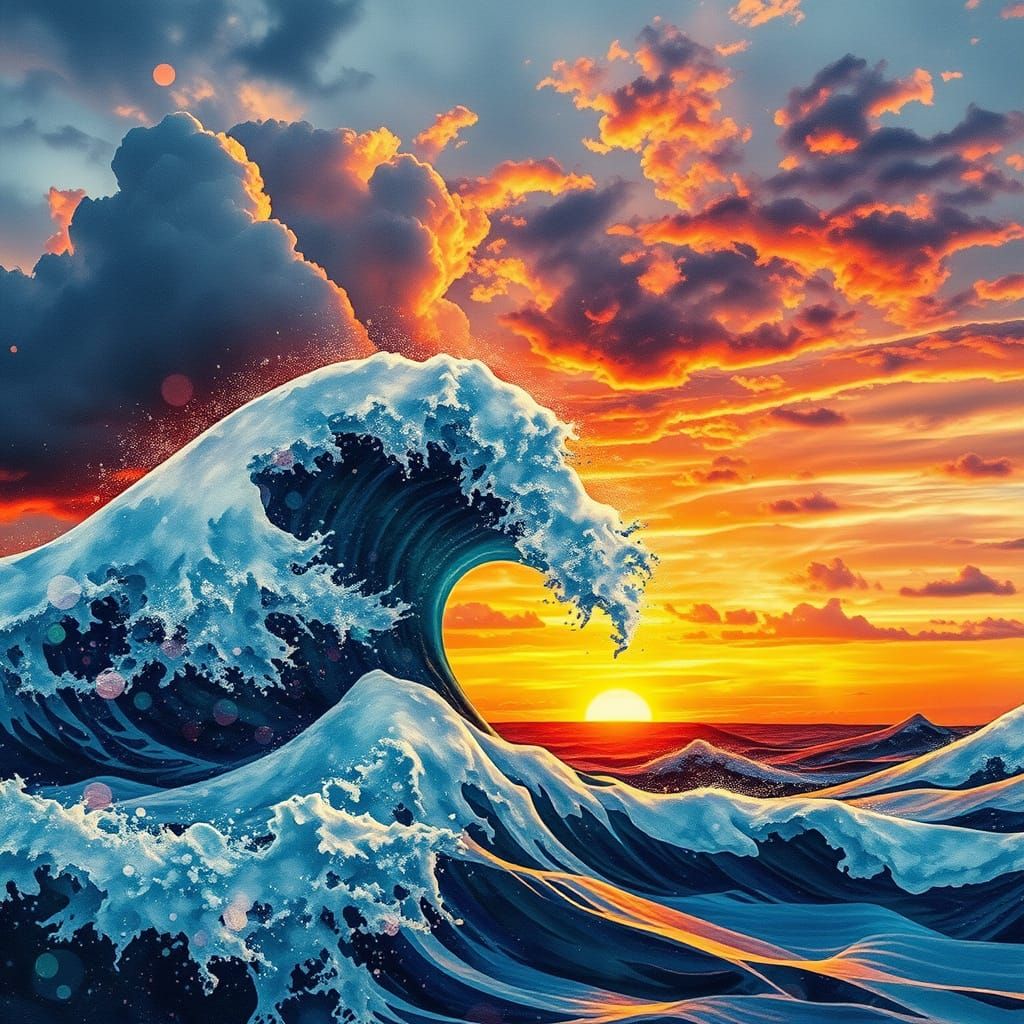 Painting of: storm wave crashing onto a beach during sunset, in the style artistic of: John Waterhouse, Peter Max, Pino Daeni, André Derain,...