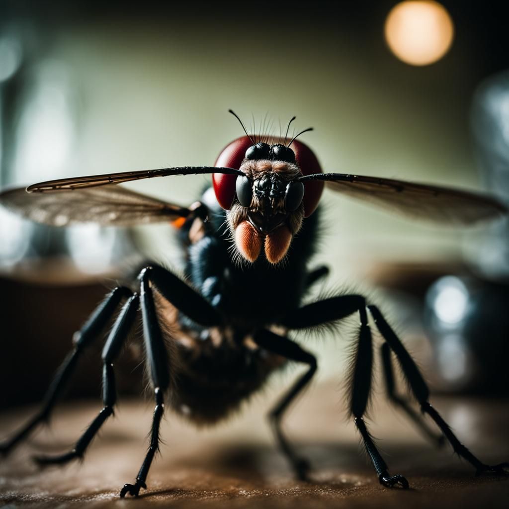 a fly buzzing through a kitchen as a man swings a fly swatte...
