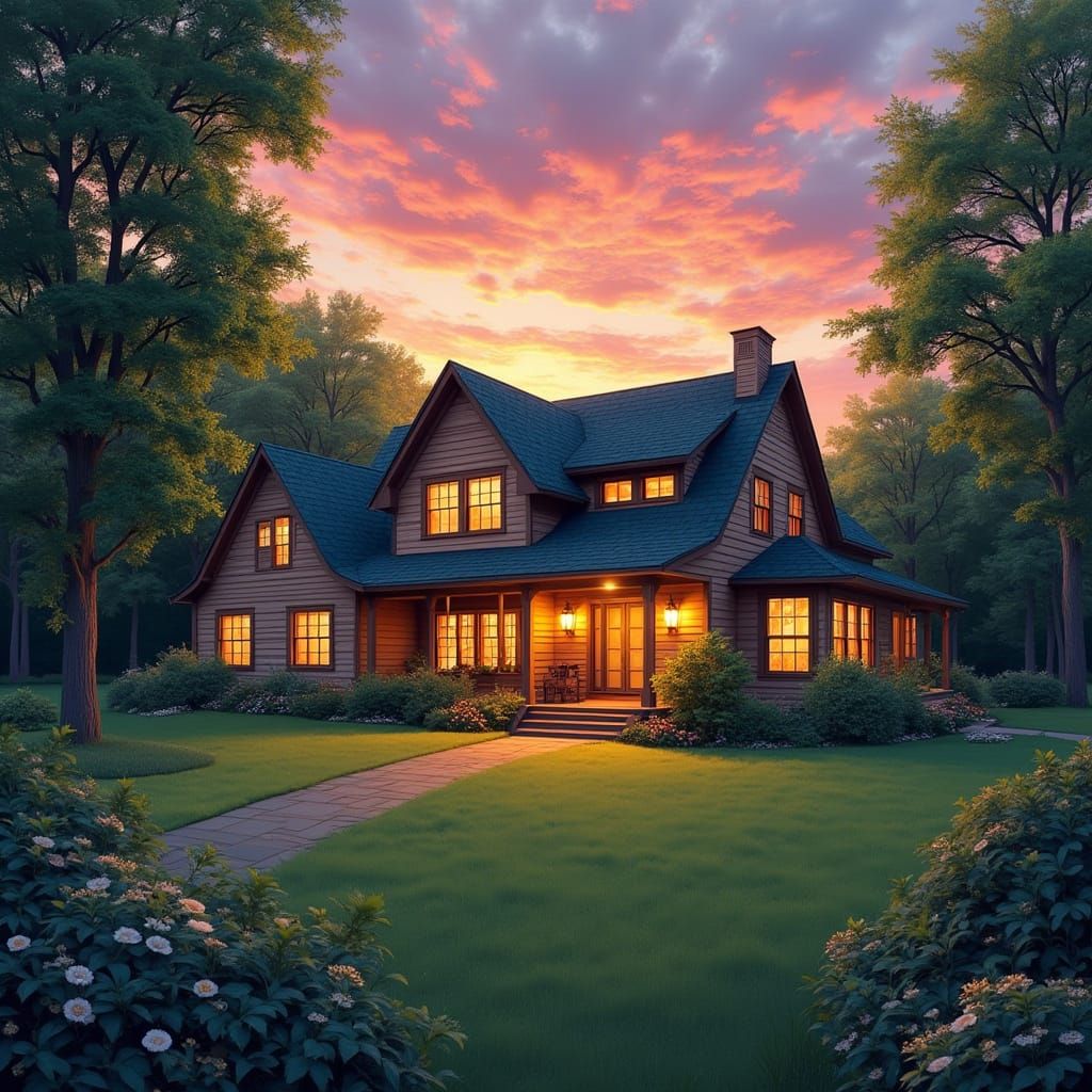 House at Sunset: Impressionistic Digital Art