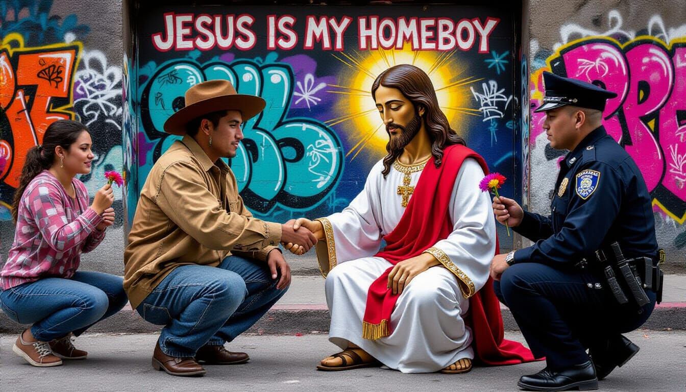 Cholo Jesus Christ Handshake in Mural Street Art
