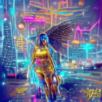 Beautiful Golden and Blue fairy in a City on the moon cyberp...