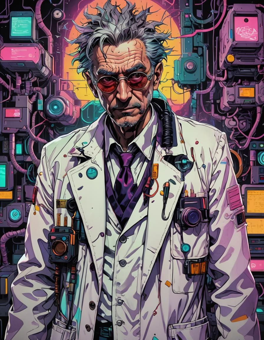 (intricately detailed anime portrait of a mad scientist:1,5) synthwave ...