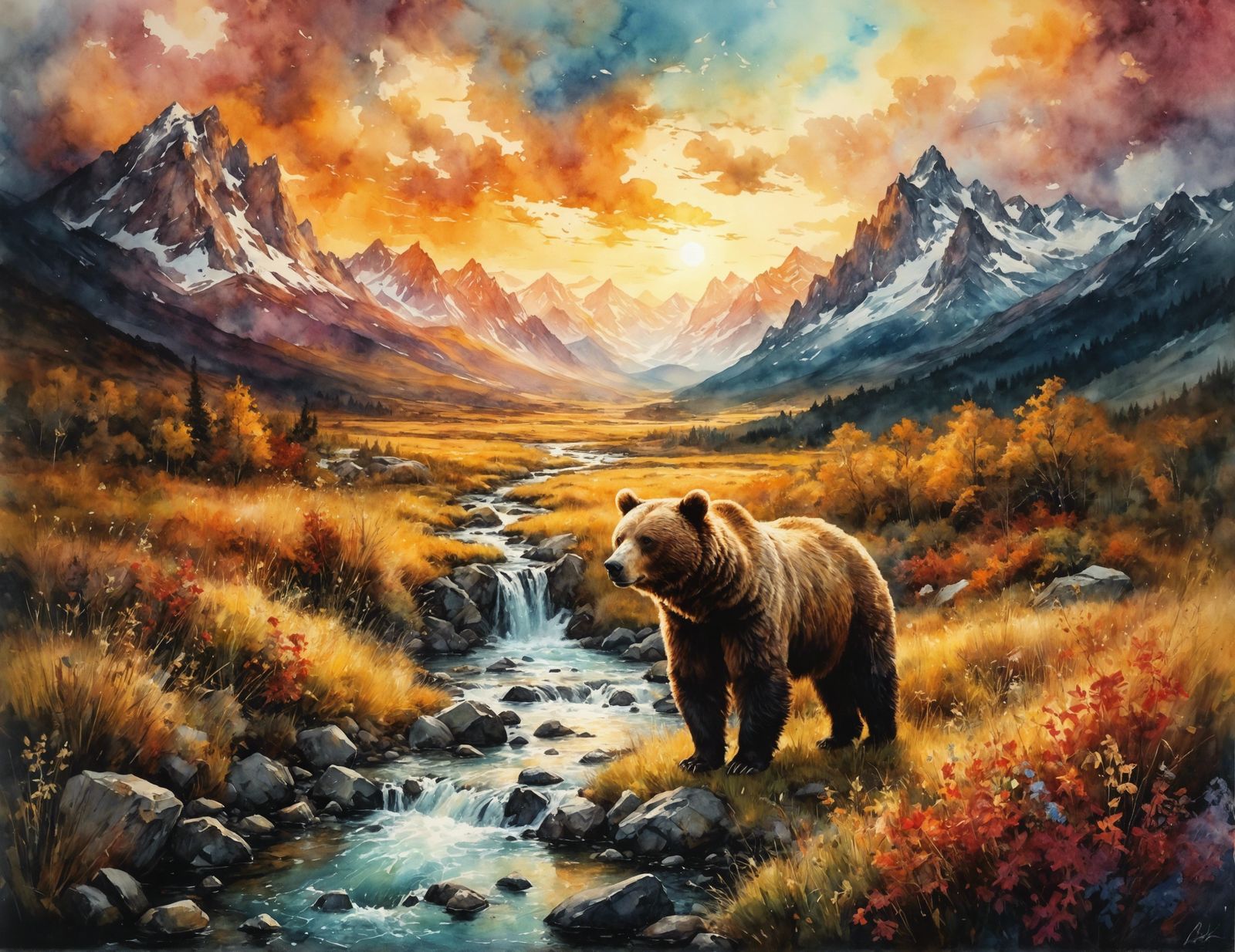 Bear and Mountain Stream Watercolor  by @Cyan Skye