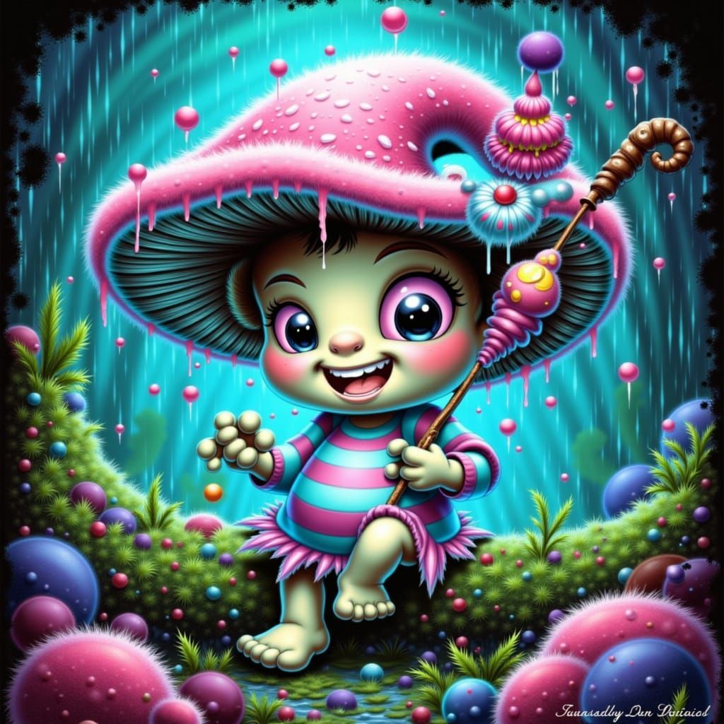 A fluffy mushroom spirit with bright white, blue, and pink striped shirt, mismatched buttons for eyes, and a cheerful grin, leans on a mossy...