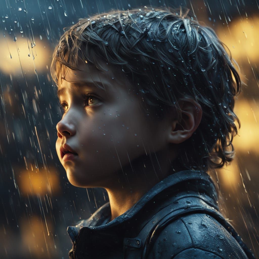 Child Gazes Out Rainy Window in Digital Matte Painting