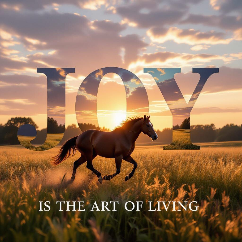 слоган"Joy is the art of living".
слово "Joy" большими буквами и посередине буквы "о" графическое изображение лошади которая бежит по полю. ...