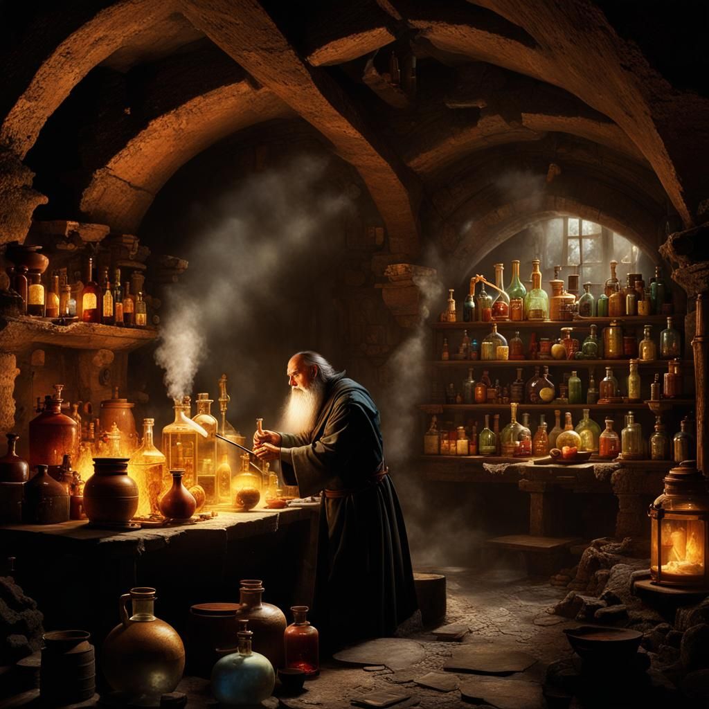 Imaginative depiction of an alchemist at work in a hidden me...