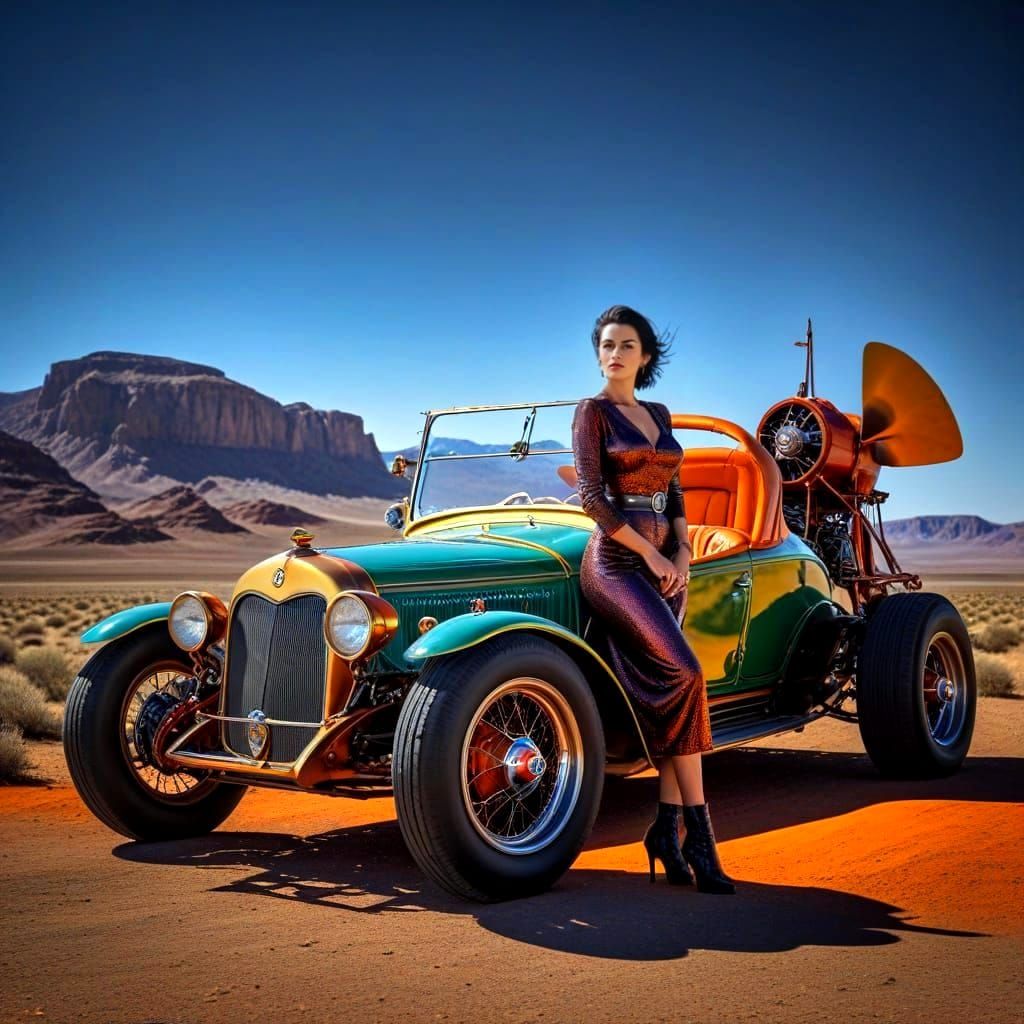 Surreal Antique Car with Elegant Woman in Desert