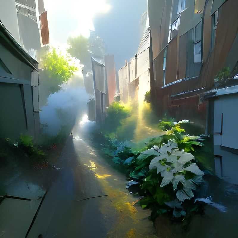 Narrow alleyway steaming after summer rain